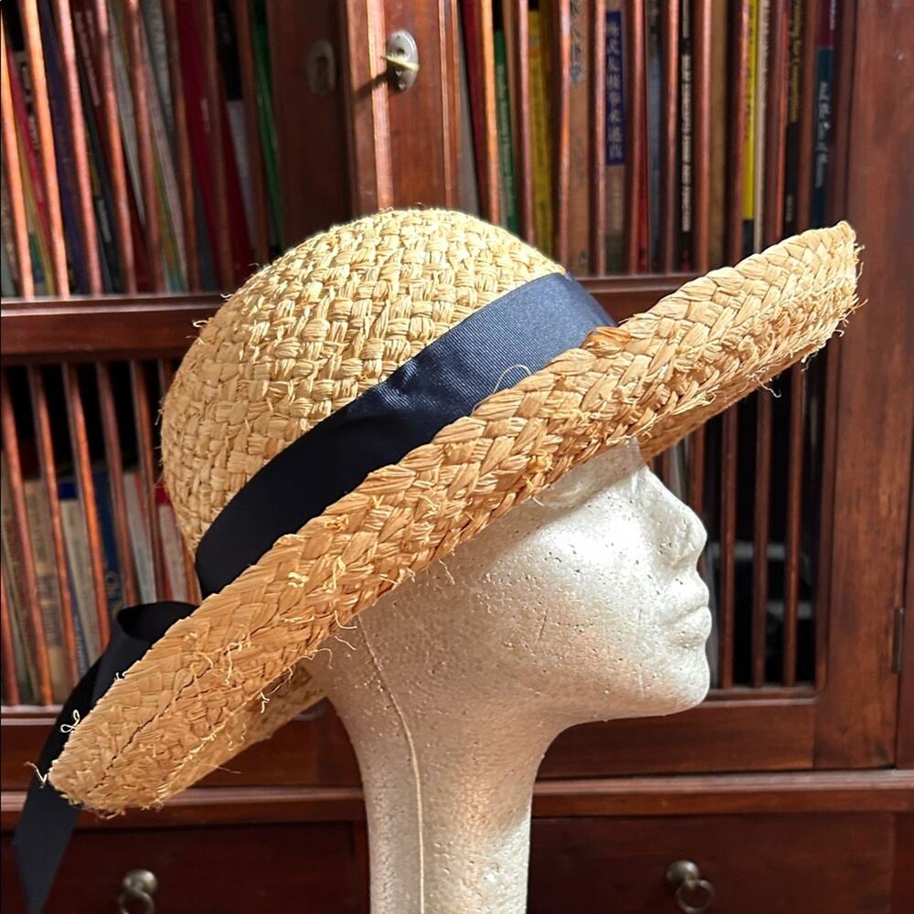 American Hat Company 100% Natural Straw Hat with Navy Ribbon Bow - Picture 7 of 16